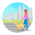 Blind woman walking down the street with cane and guide dog, flat vector illustration. Assistant dog, service animal. Royalty Free Stock Photo