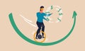 Blindfold unicycle on arrow business and blind difficulty challenge. Leadership insurance and skill vector illustration concept.