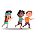 Blindfolded Girl With Arms Outstretched Looking For Friends Running Away Vector Flat Cartoon Illustration