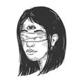 Blindfolded girl with three eyes engraving vector