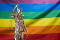 The blindfolded goddess of justice Themis or Justitia against the rainbow flag of LGBT community, as a LGBT social issues concept