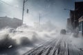blinding blizzard with snow and ice flying in every direction