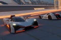 A blinding white light is cast by two electric cars racing around a futuristiclooking track. Speed drive concept. AI