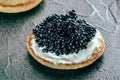 A blini with caviar and cream cheese, a closeup on black