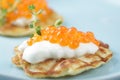 Blinis with red caviar