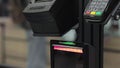 Blinking flashing scanner for reading barcodes at self-service checkout SCO. Assisted checkout ACO with cashless payment