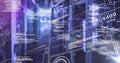 Blinking LED lights illuminating server racks in secure data center corridor, with code overlays Royalty Free Stock Photo