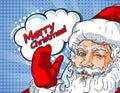 Blinking Santa Claus with hand up and the inscription Mery Christmas in comic style