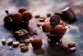 Bliss balls chocolate sweets truffles, pieces chocolate and cocoa beans