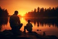 Blissful Grandfather grandson fishing sunset. Generate Ai Royalty Free Stock Photo