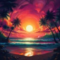 Blissful Retreat, Vibrant Retro Sunset over Kaleidoscopic Sun-kissed Beach