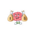Blissful rich brain cartoon character having money bags