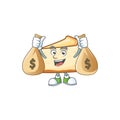 Blissful rich cheese cake cartoon character having money bags