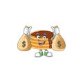 Blissful rich chocolate cream pancake cartoon character having money bags
