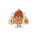 Blissful rich chocolate cupcake cartoon character having money bags