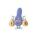 Blissful rich clostrisium botulinum cartoon character having money bags