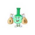 Blissful rich green chemical bottle cartoon character having money bags