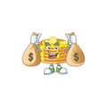 Blissful rich lemon cream pancake cartoon character having money bags