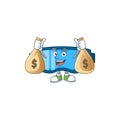 Blissful rich safety glasses cartoon character having money bags