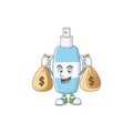 Blissful rich spray hand sanitizer cartoon character having money bags