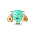 Blissful rich staphylococcus aureus cartoon character having money bags