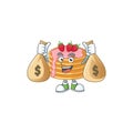 Blissful rich strawberry cream pancake cartoon character having money bags