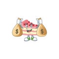 Blissful rich strawberry slice cake cartoon character having money bags