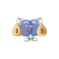 Blissful rich streptococcus pneumoniae cartoon character having money bags