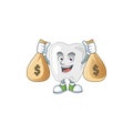 Blissful rich teeth cartoon character having money bags