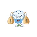 Blissful rich vanilla blue cupcake cartoon character having money bags