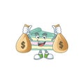 Blissful rich vanilla slice cake cartoon character having money bags