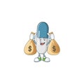 Blissful rich vitamin pills cartoon character having money bags