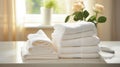 Blissful Spa Escape. Serene Area with Plush White Towels, Calming Ambience, and Tranquility