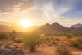 blissful sunset over tranquil desert valley, with majestic mountains in the background