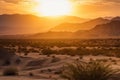 blissful sunset over tranquil desert valley, with majestic mountains in the background