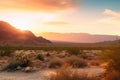 blissful sunset over tranquil desert valley, with majestic mountains in the background