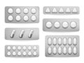 Blister packs white paracetamol pills, aspirin capsules, antibiotics or painkiller drugs. Prescription medicine packing Royalty Free Stock Photo