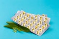 Blister pack of fish oil capsules on pastel blue background Royalty Free Stock Photo