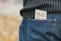 Blister of pills in back jeans pocket Royalty Free Stock Photo