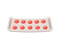 Blister With Tablets For Disease Treatment And Pain Reduce. Pack Of Red Round Tablets. Medicine, Vitamin, Antibiotic