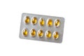 blister yellow oil omega 3 gel capsules isolated on white background top view