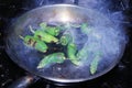 Blistered padron peppers, bar, pub bite food in a smokey pan