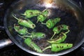 Blistered padron peppers, bar, pub bite food in a smokey pan