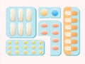 Blisters with pills and capsules illustration. Medicinal pain reliever powerful antibiotics red small yellow sedatives.