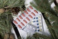 The blisters with pills. Different colors. Spruce and pine branches with cones. On a wooden box Royalty Free Stock Photo