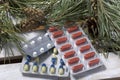The blisters with pills. Different colors. Spruce and pine branches with cones. On a wooden box Royalty Free Stock Photo