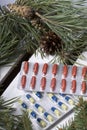 The blisters with pills. Different colors. Spruce and pine branches with cones. On a wooden box Royalty Free Stock Photo