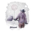 Blizzard digital art illustration of natural disaster. Man in warm cloth with spade in hands going to fight snowstorm