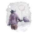 Blizzard digital art illustration of natural disaster. Man in warm cloth with spade in hands going to fight snowstorm, snowdrift
