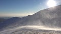Blizzard in Mountains at Sunset, Winter View, Alpine Landscape, Ski Resort